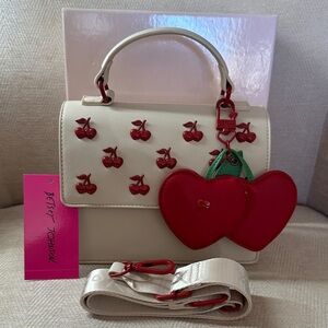 Betsy Johnson Cherry Embellished Cream and Red Handbag with Shoulder strap